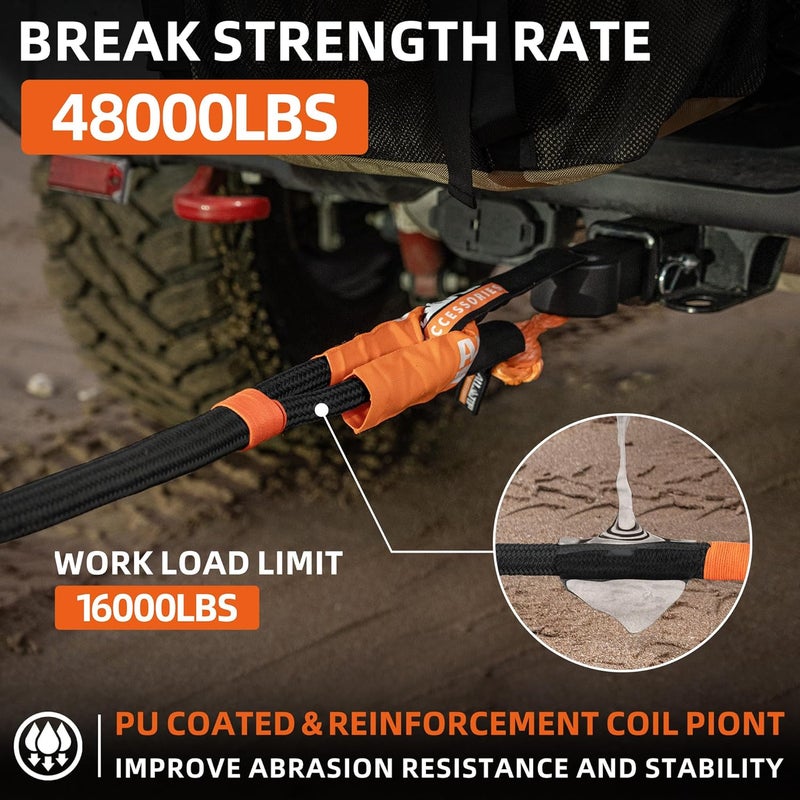 ALL-TOP Kinetic Recovery Rope Kit w/ 2 Soft Shackles, 48000Lbs, 1in x 30ft, Heavy Duty 30+% Elasticity, 16000Lbs Work Load Limit - Image 2